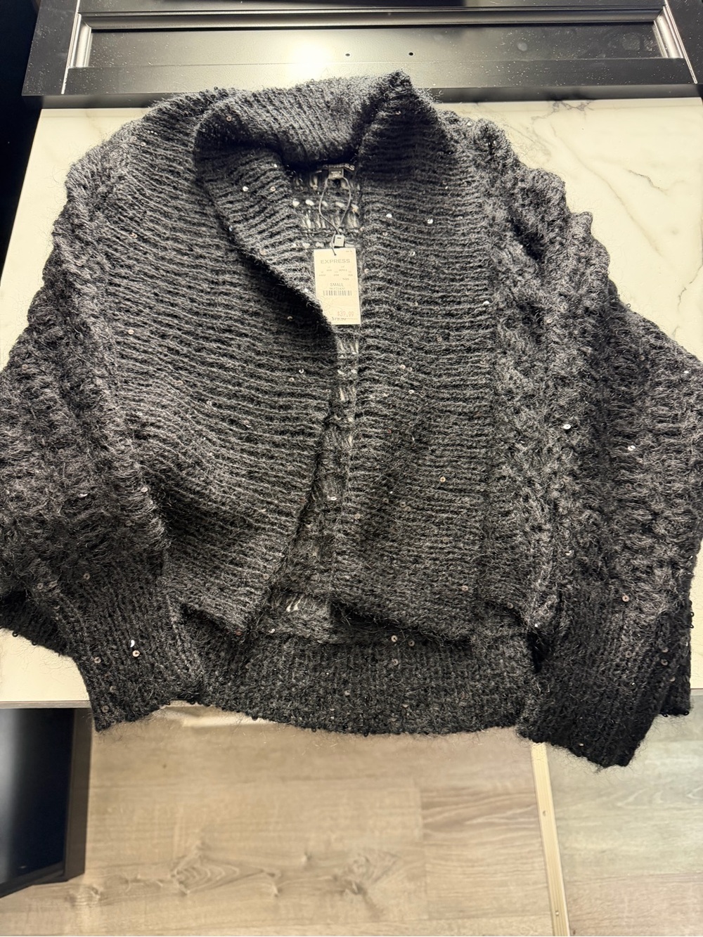 Express Black Sequin Open-Front Shawl Cardigan